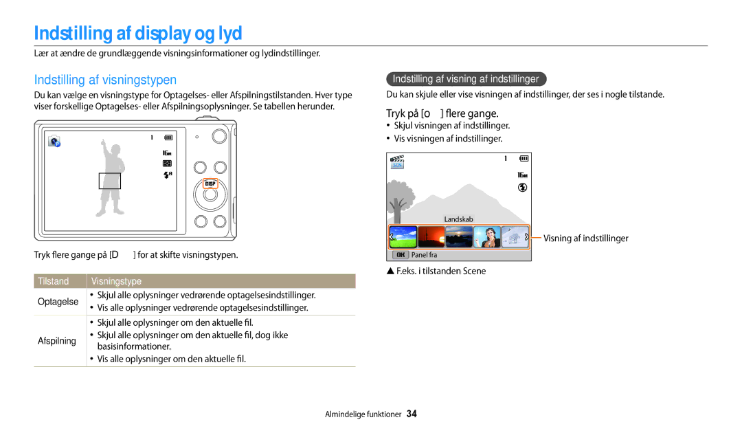 Samsung EC-DV150FBPBE2 manual Indstilling af display og lyd, Indstilling af visningstypen, Tryk på o flere gange, Tilstand 