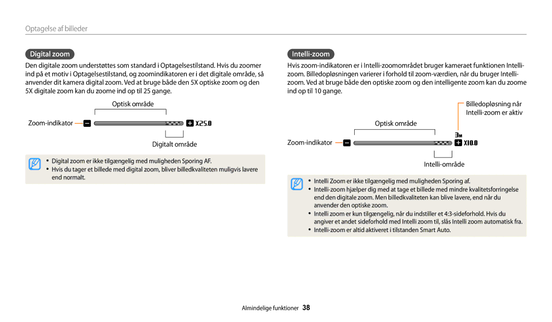 Samsung EC-DV150FBPPE2, EC-DV150FBPWE2 manual Digital zoom, Intelli-zoom, Optisk område Zoom-indikator Digitalt område 