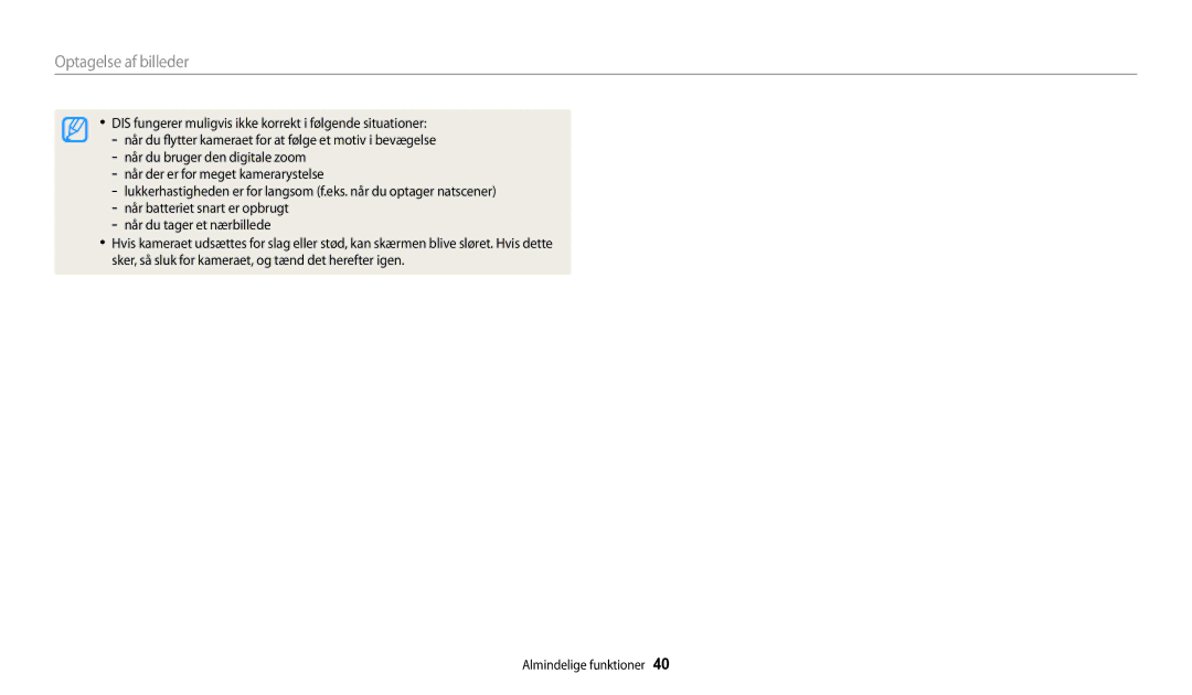 Samsung EC-DV150FBPBE2, EC-DV150FBPPE2, EC-DV150FBPWE2 manual Optagelse af billeder 