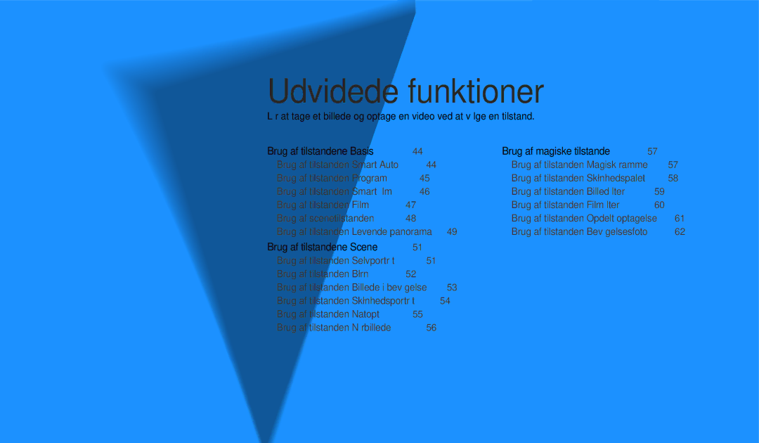 Samsung EC-DV150FBPBE2, EC-DV150FBPPE2, EC-DV150FBPWE2 manual Udvidede funktioner, Brug af tilstandene Scene ……………………… 