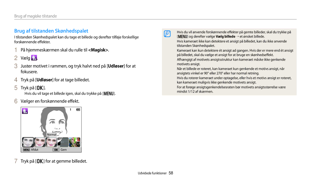 Samsung EC-DV150FBPBE2 Brug af tilstanden Skønhedspalet, Vælger en forskønnende effekt, Tryk på o for at gemme billedet 