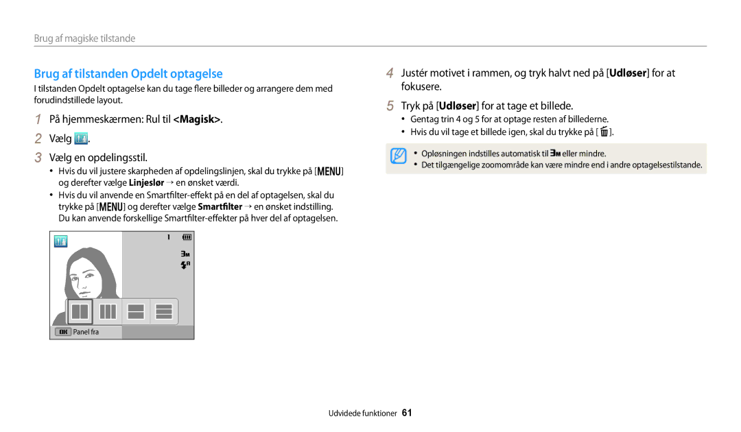 Samsung EC-DV150FBPBE2, EC-DV150FBPPE2, EC-DV150FBPWE2 manual Opløsningen indstilles automatisk til 