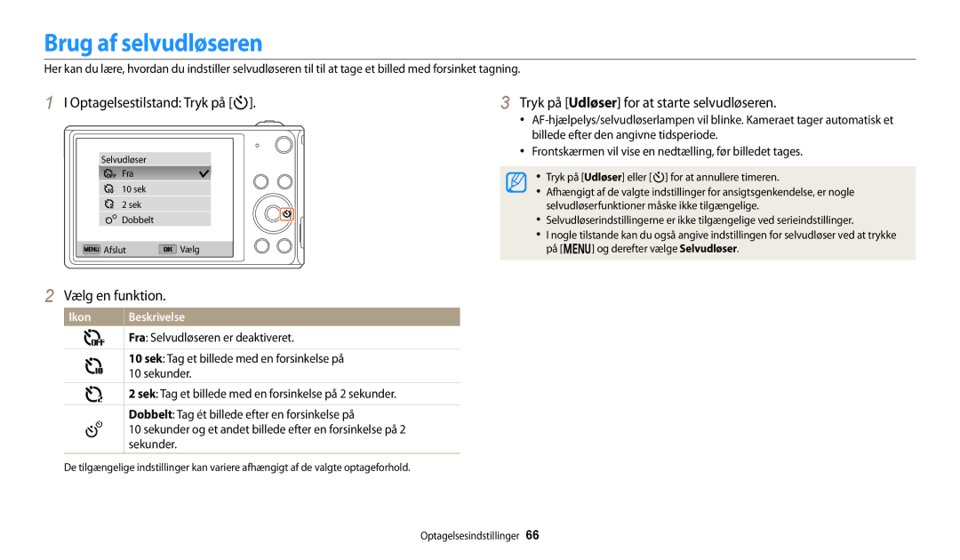 Samsung EC-DV150FBPWE2 Brug af selvudløseren, Optagelsestilstand Tryk på t, Tryk på Udløser for at starte selvudløseren 