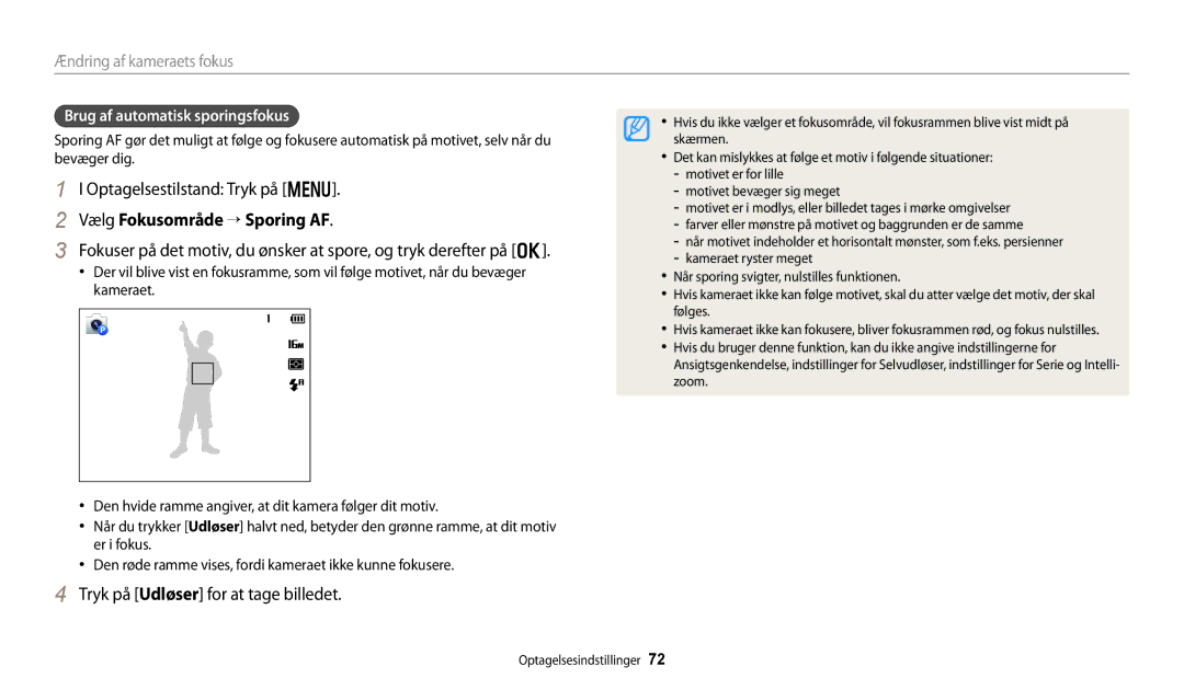 Samsung EC-DV150FBPWE2, EC-DV150FBPPE2, EC-DV150FBPBE2 manual Vælg Fokusområde → Sporing AF, Brug af automatisk sporingsfokus 