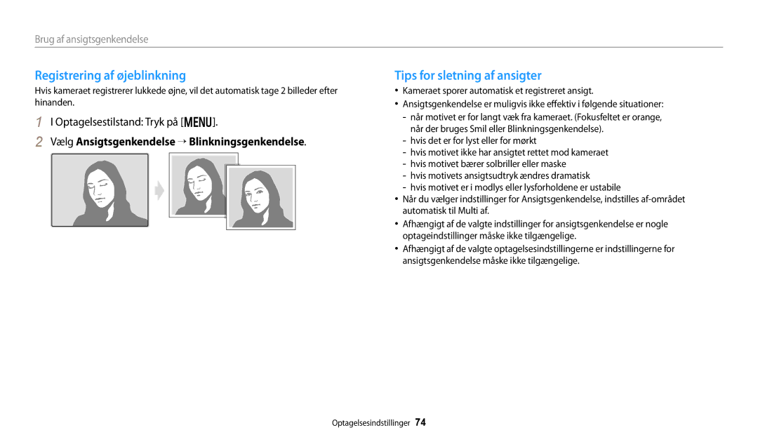 Samsung EC-DV150FBPPE2, EC-DV150FBPWE2, EC-DV150FBPBE2 manual Registrering af øjeblinkning, Tips for sletning af ansigter 