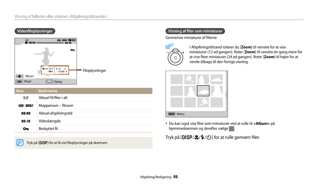 Samsung EC-DV150FBPPE2 Tryk på D/c/F/t for at rulle gennem filer, Videofiloplysninger, Visning af filer som miniaturer 