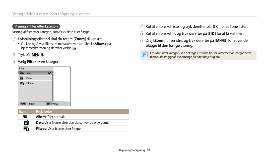 Samsung EC-DV150FBPWE2 manual Afspilningstilstand skal du rotere Zoom til venstre, Tryk på m Vælg Filter → en kategori 