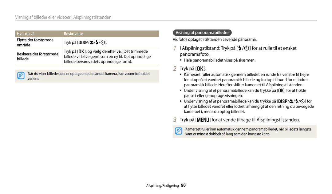 Samsung EC-DV150FBPWE2 manual Tryk på m for at vende tilbage til Afspilningstilstanden, Visning af panoramabilleder 