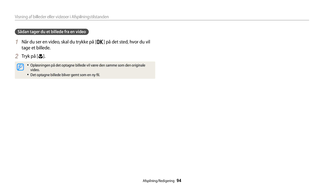 Samsung EC-DV150FBPBE2, EC-DV150FBPPE2, EC-DV150FBPWE2 manual Sådan tager du et billede fra en video 
