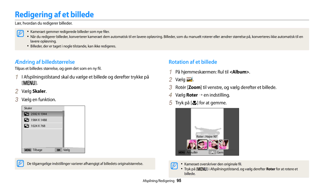 Samsung EC-DV150FBPPE2, EC-DV150FBPWE2 manual Redigering af et billede, Ændring af billedstørrelse, Rotation af et billede 