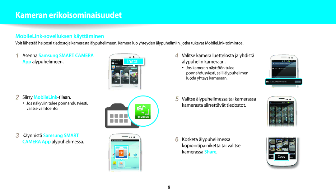 Samsung EC-DV150FBPWE2, EC-DV150FBPPE2, EC-DV150FBPBE2 manual MobileLink-sovelluksen käyttäminen, Siirry MobileLink-tilaan 