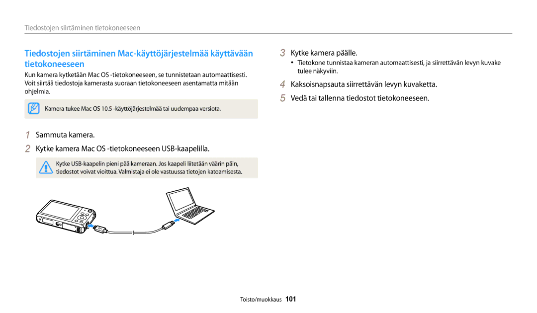 Samsung EC-DV150FBPPE2, EC-DV150FBPWE2, EC-DV150FBPBE2 manual Tiedostojen siirtäminen tietokoneeseen 