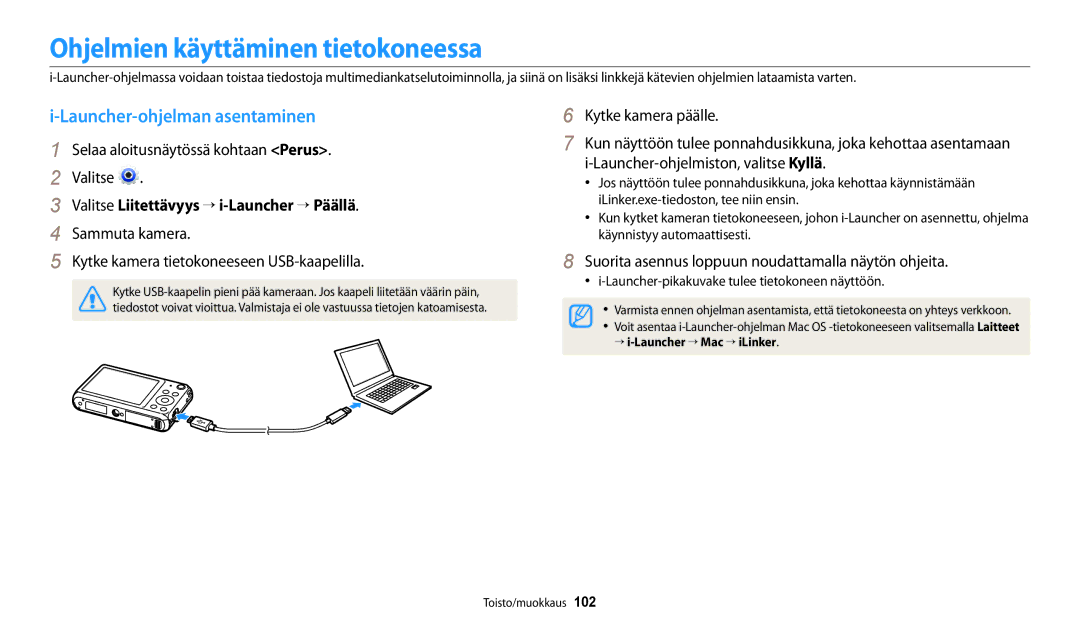 Samsung EC-DV150FBPWE2, EC-DV150FBPPE2, EC-DV150FBPBE2 Ohjelmien käyttäminen tietokoneessa, Launcher-ohjelman asentaminen 