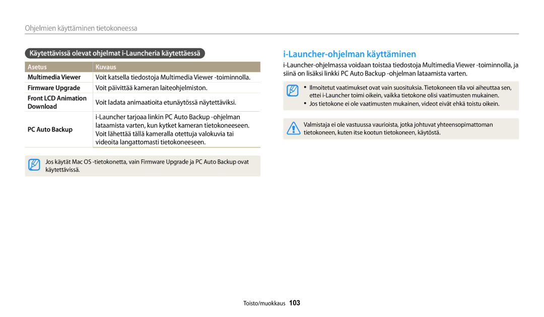 Samsung EC-DV150FBPBE2 manual Launcher-ohjelman käyttäminen, Käytettävissä olevat ohjelmat i-Launcheria käytettäessä 