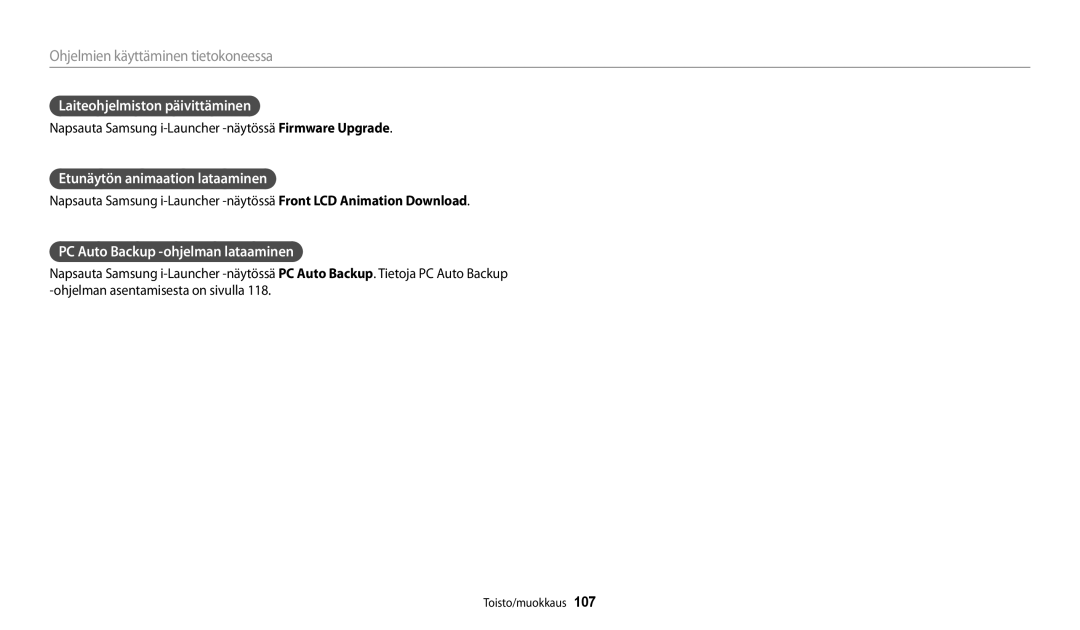 Samsung EC-DV150FBPPE2, EC-DV150FBPWE2, EC-DV150FBPBE2 manual Laiteohjelmiston päivittäminen, Etunäytön animaation lataaminen 