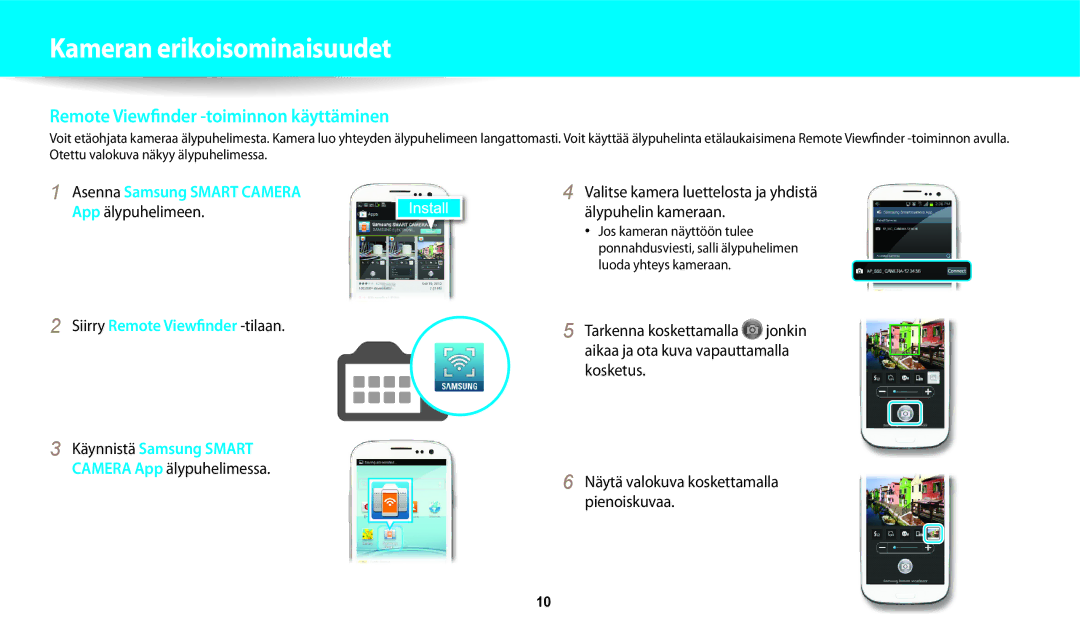 Samsung EC-DV150FBPBE2, EC-DV150FBPPE2, EC-DV150FBPWE2 manual Remote Viewfinder -toiminnon käyttäminen, App älypuhelimeen 