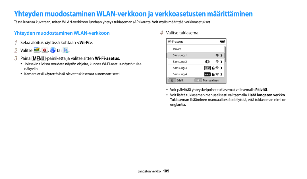 Samsung EC-DV150FBPBE2, EC-DV150FBPPE2, EC-DV150FBPWE2 manual Yhteyden muodostaminen WLAN-verkkoon, Valitse tukiasema 