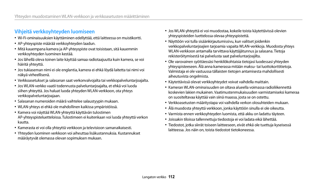 Samsung EC-DV150FBPBE2, EC-DV150FBPPE2, EC-DV150FBPWE2 manual Vihjeitä verkkoyhteyden luomiseen 