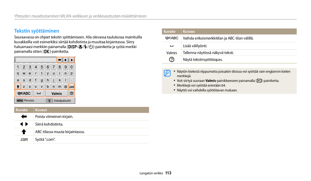 Samsung EC-DV150FBPPE2, EC-DV150FBPWE2, EC-DV150FBPBE2 manual Tekstin syöttäminen, Näytä tekstinsyöttöopas 