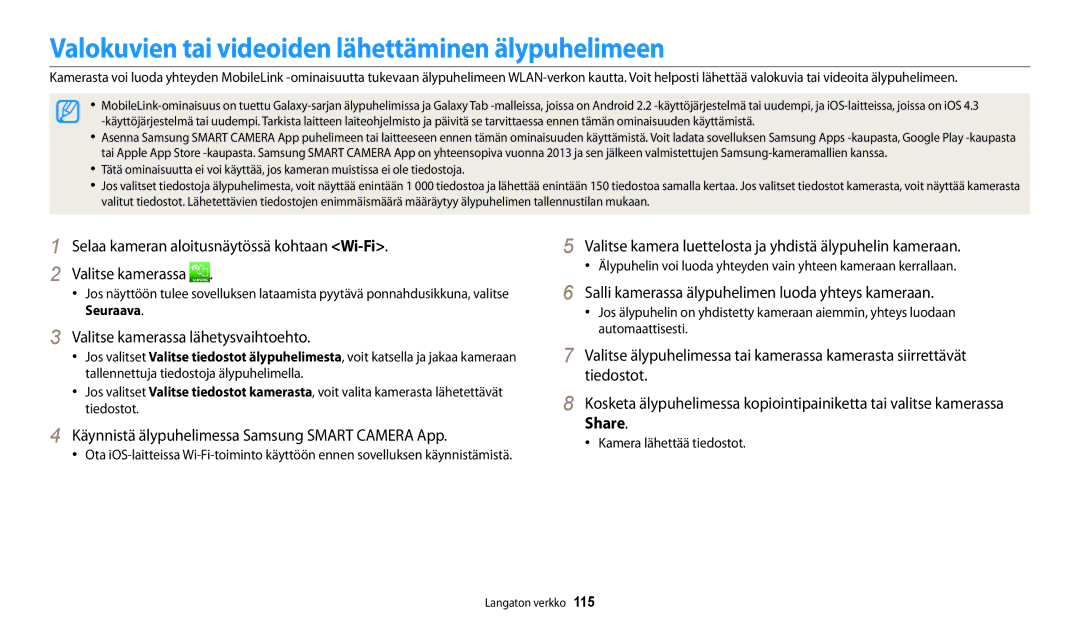 Samsung EC-DV150FBPBE2 manual Valokuvien tai videoiden lähettäminen älypuhelimeen, Valitse kamerassa lähetysvaihtoehto 