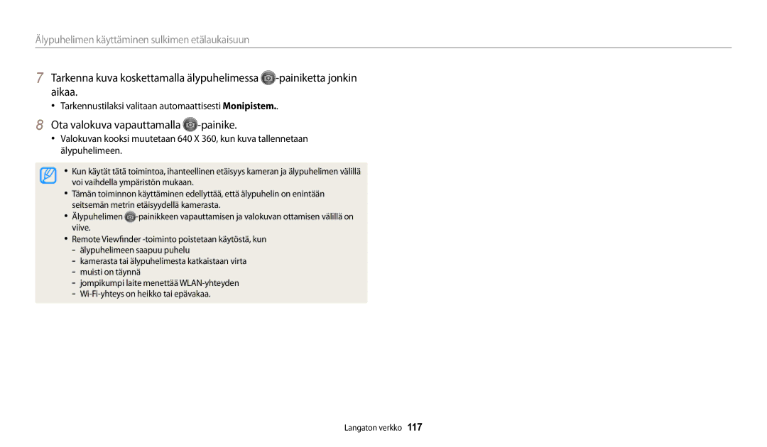 Samsung EC-DV150FBPWE2 manual Ota valokuva vapauttamalla -painike, Tarkennustilaksi valitaan automaattisesti Monipistem 