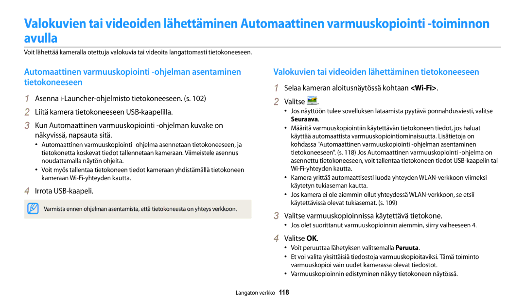 Samsung EC-DV150FBPBE2, EC-DV150FBPPE2, EC-DV150FBPWE2 Valokuvien tai videoiden lähettäminen tietokoneeseen, Valitse OK 