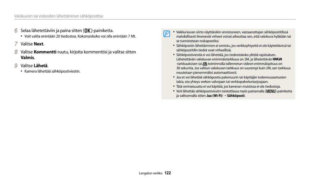 Samsung EC-DV150FBPPE2, EC-DV150FBPWE2 Selaa lähetettäviin ja paina sitten o-painiketta, Kamera lähettää sähköpostiviestin 