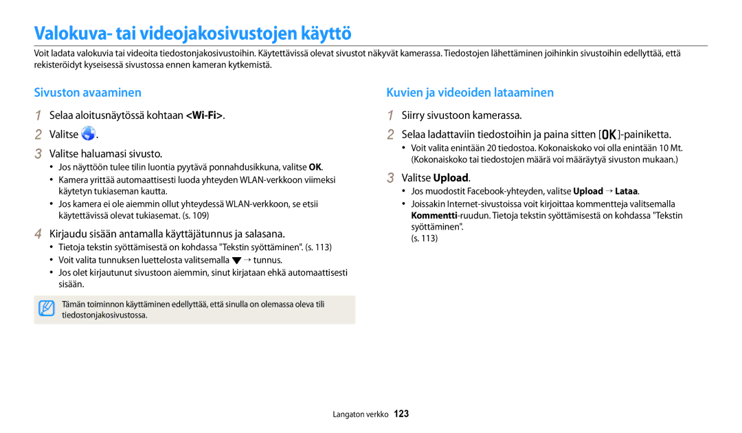 Samsung EC-DV150FBPWE2 manual Valokuva- tai videojakosivustojen käyttö, Sivuston avaaminen, Kuvien ja videoiden lataaminen 