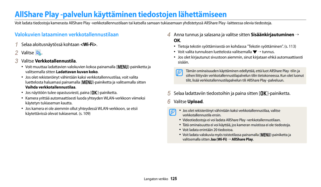 Samsung EC-DV150FBPPE2, EC-DV150FBPWE2 manual Valokuvien lataaminen verkkotallennustilaan, Valitse Verkkotallennustila 