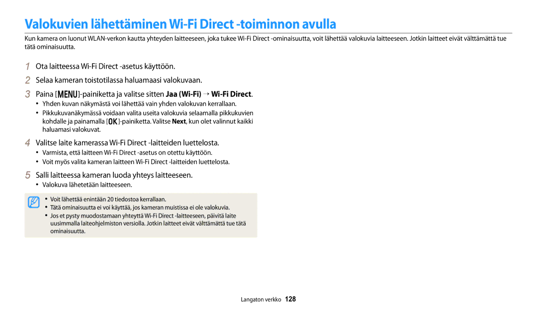 Samsung EC-DV150FBPPE2 manual Valokuvien lähettäminen Wi-Fi Direct -toiminnon avulla, Valokuva lähetetään laitteeseen 