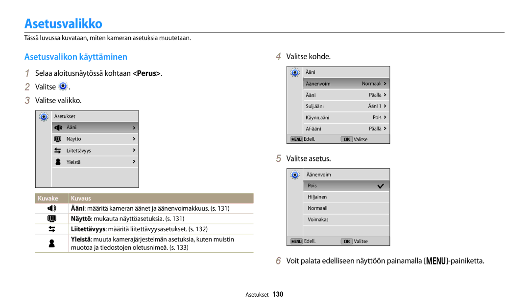 Samsung EC-DV150FBPBE2, EC-DV150FBPPE2, EC-DV150FBPWE2 manual Asetusvalikko, Asetusvalikon käyttäminen, Valitse kohde 