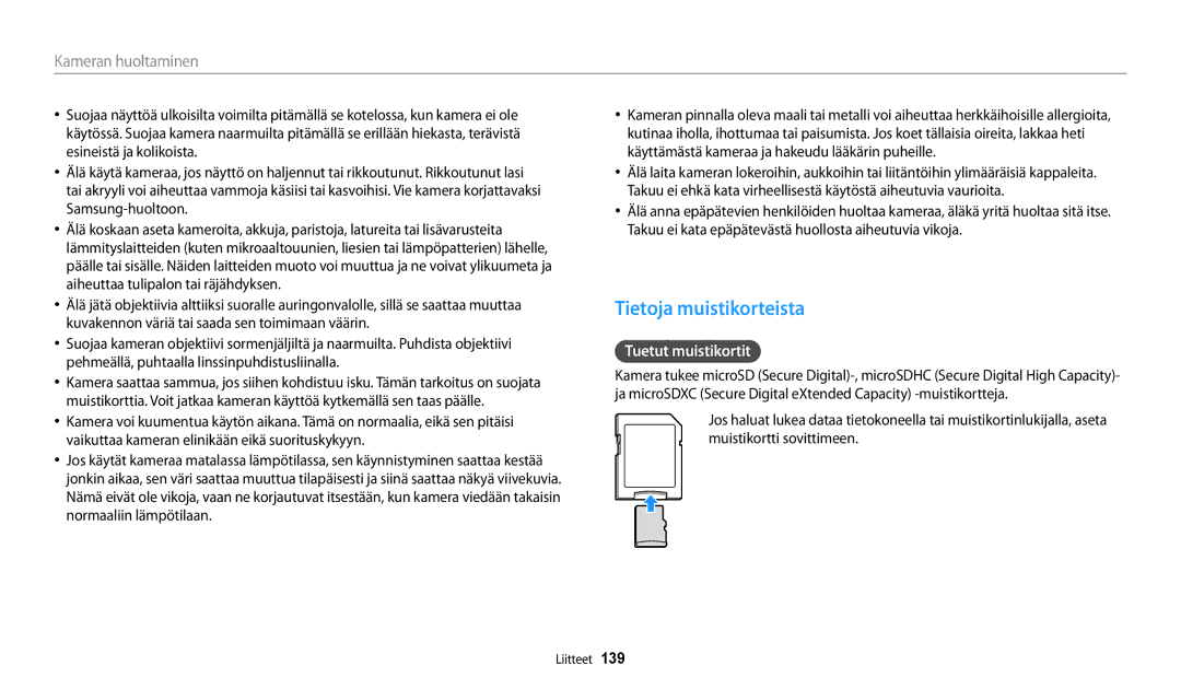 Samsung EC-DV150FBPBE2, EC-DV150FBPPE2, EC-DV150FBPWE2 manual Tietoja muistikorteista, Tuetut muistikortit 