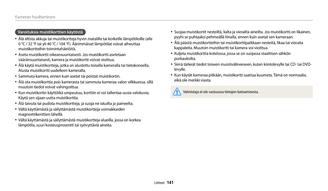 Samsung EC-DV150FBPWE2, EC-DV150FBPPE2, EC-DV150FBPBE2 manual Varoituksia muistikorttien käytöstä 