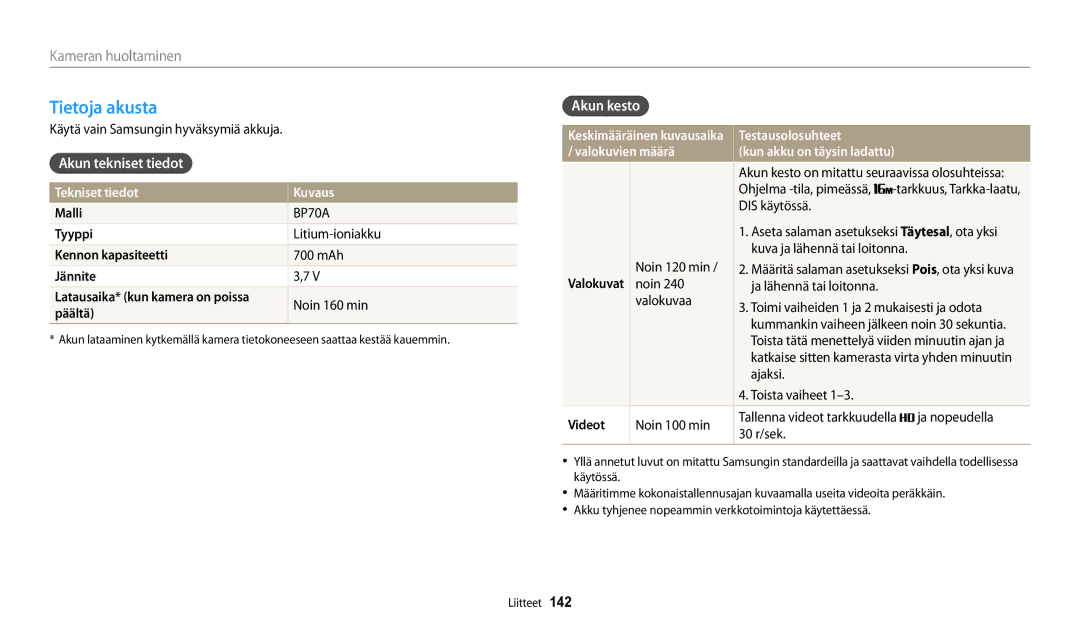 Samsung EC-DV150FBPBE2, EC-DV150FBPPE2 manual Tietoja akusta, Akun tekniset tiedot, Akun kesto, Tekniset tiedot Kuvaus 