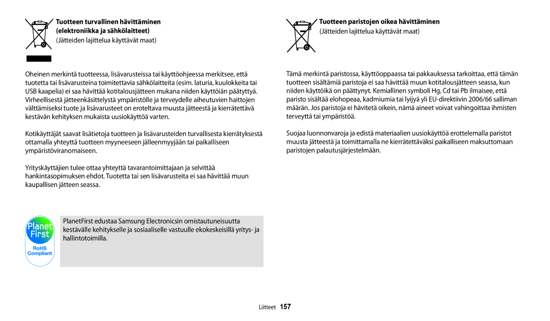 Samsung EC-DV150FBPBE2, EC-DV150FBPPE2, EC-DV150FBPWE2 manual Tuotteen turvallinen hävittäminen 