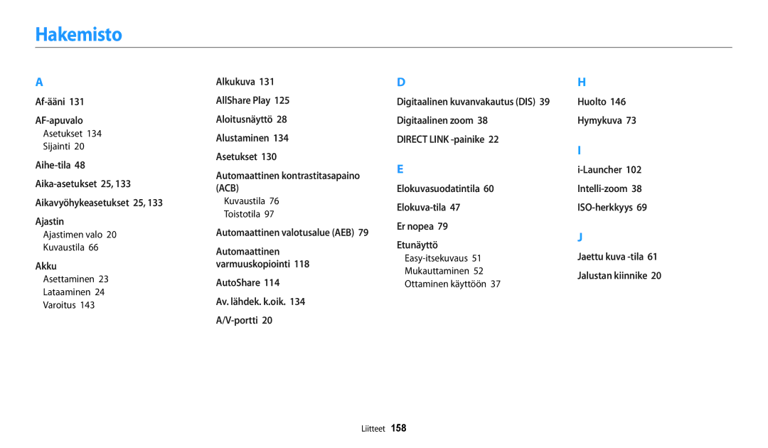 Samsung EC-DV150FBPPE2, EC-DV150FBPWE2, EC-DV150FBPBE2 manual Hakemisto 