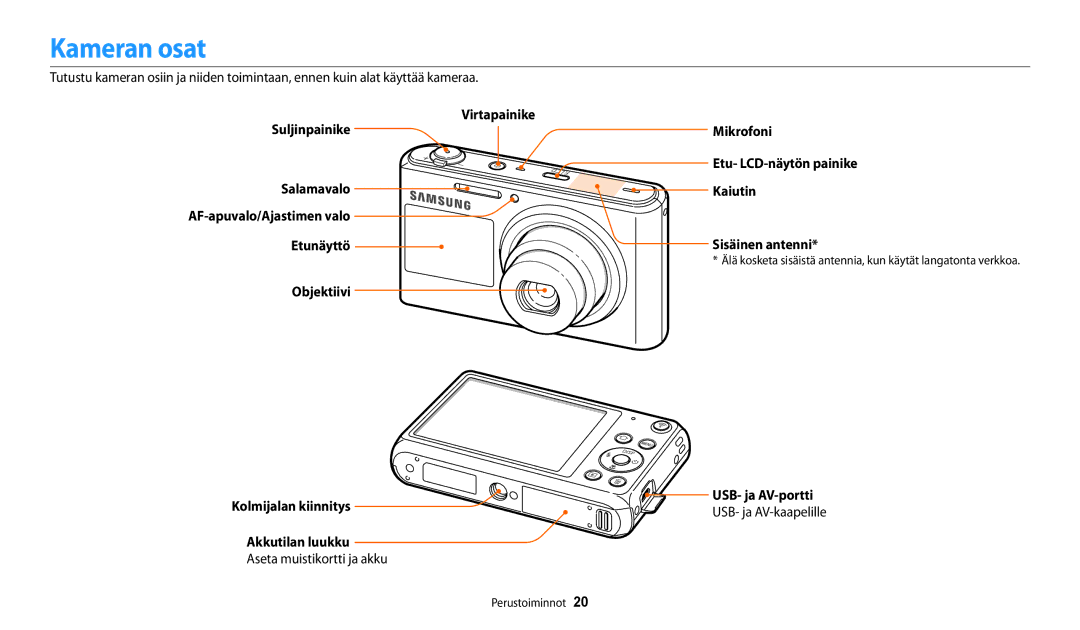 Samsung EC-DV150FBPPE2, EC-DV150FBPWE2 Kameran osat, Aseta muistikortti ja akku, USB- ja AV-portti, USB- ja AV-kaapelille 