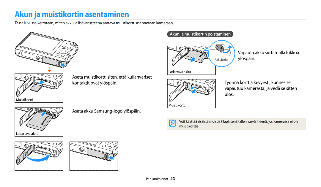 Samsung EC-DV150FBPPE2, EC-DV150FBPWE2, EC-DV150FBPBE2 Akun ja muistikortin asentaminen, Akun ja muistikortin poistaminen 