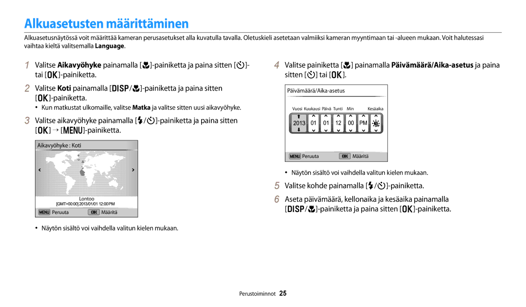 Samsung EC-DV150FBPBE2, EC-DV150FBPPE2, EC-DV150FBPWE2 Alkuasetusten määrittäminen, Valitse kohde painamalla F/t-painiketta 