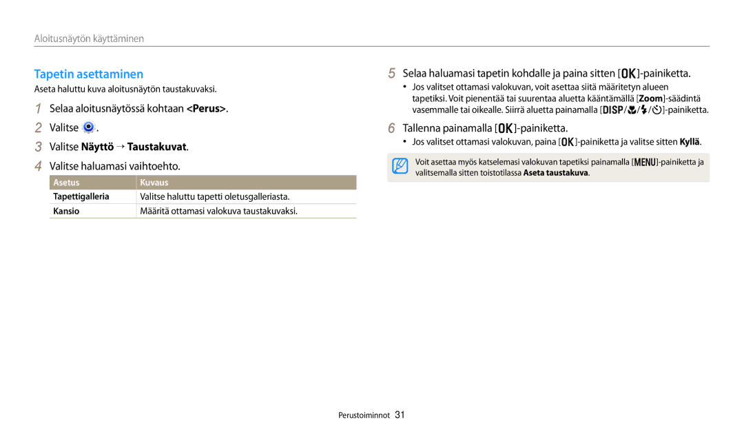 Samsung EC-DV150FBPBE2, EC-DV150FBPPE2 Tapetin asettaminen, Valitse Näyttö → Taustakuvat, Valitse haluamasi vaihtoehto 