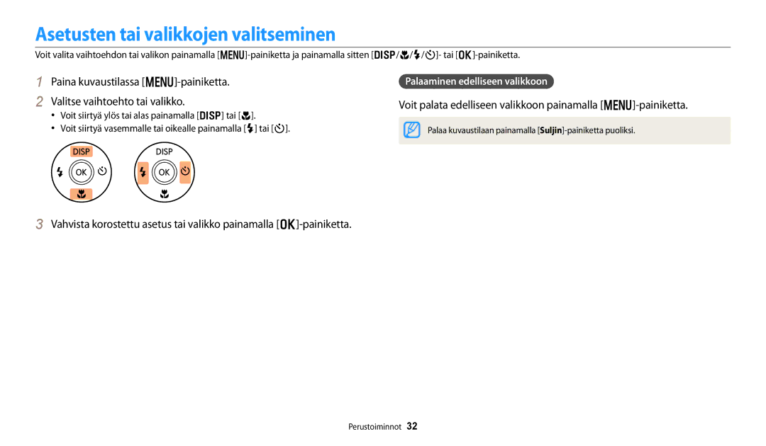 Samsung EC-DV150FBPPE2 Asetusten tai valikkojen valitseminen, Voit palata edelliseen valikkoon painamalla m-painiketta 