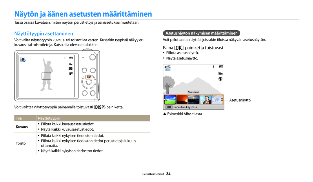 Samsung EC-DV150FBPBE2 Näytön ja äänen asetusten määrittäminen, Näyttötyypin asettaminen, Paina o-painiketta toistuvasti 