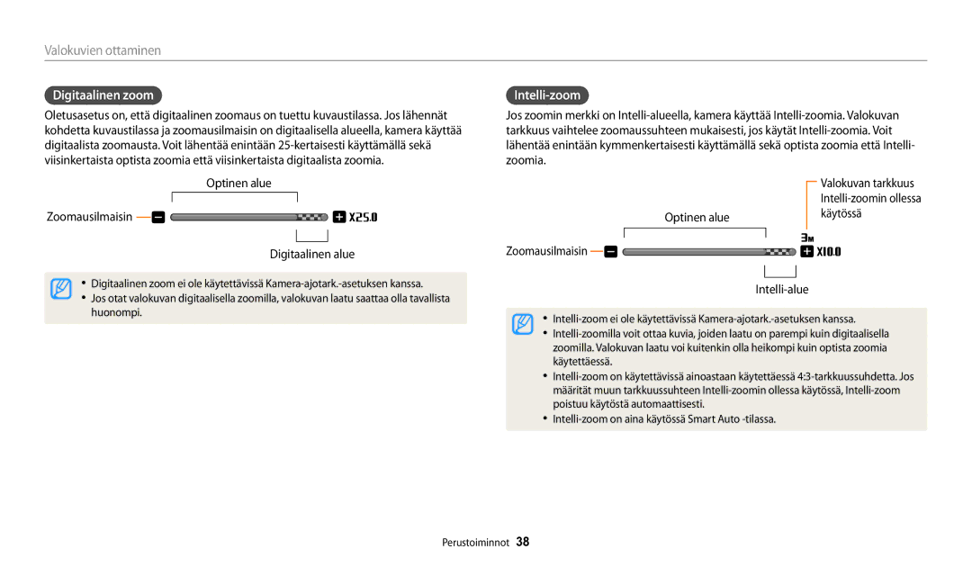 Samsung EC-DV150FBPPE2 manual Digitaalinen zoom, Intelli-zoom, Optinen alue Zoomausilmaisin Digitaalinen alue, Käytössä 