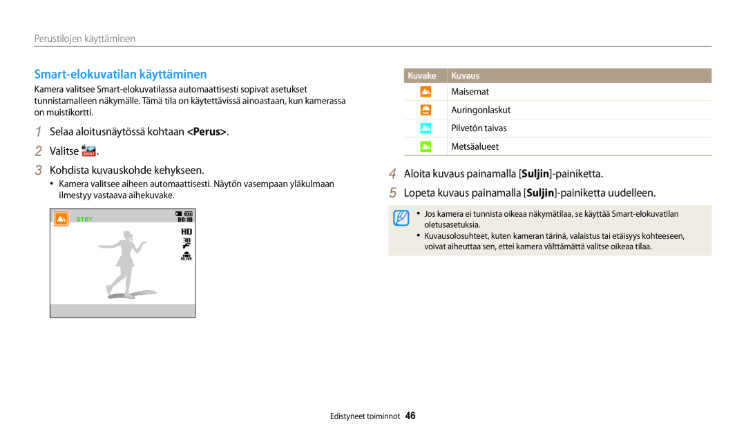 Samsung EC-DV150FBPBE2, EC-DV150FBPPE2 Smart-elokuvatilan käyttäminen, Maisemat Auringonlaskut Pilvetön taivas Metsäalueet 