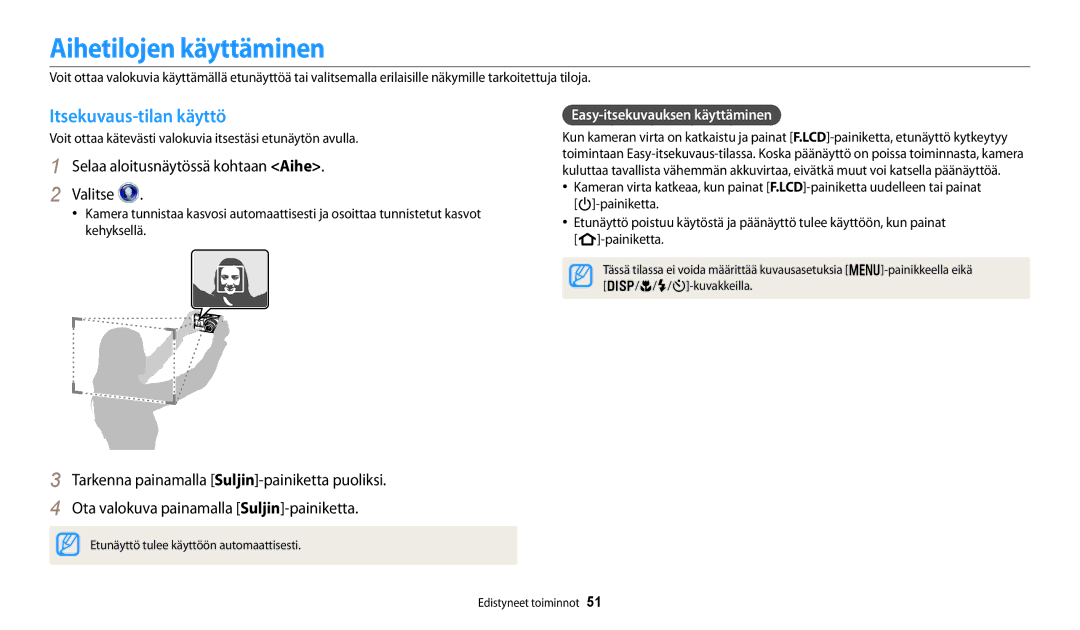 Samsung EC-DV150FBPWE2 manual Aihetilojen käyttäminen, Itsekuvaus-tilan käyttö, Selaa aloitusnäytössä kohtaan Aihe Valitse 