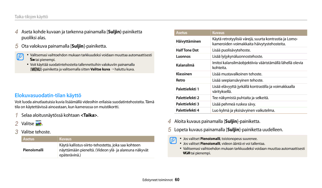 Samsung EC-DV150FBPWE2, EC-DV150FBPPE2, EC-DV150FBPBE2 manual Elokuvasuodatin-tilan käyttö, Palettiefekti 