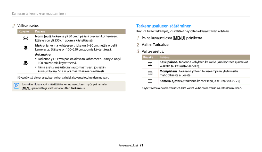 Samsung EC-DV150FBPPE2, EC-DV150FBPWE2, EC-DV150FBPBE2 manual Tarkennusalueen säätäminen, Aut.makro 