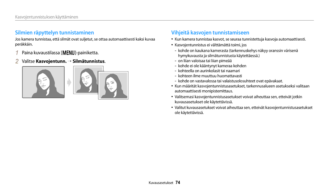 Samsung EC-DV150FBPPE2, EC-DV150FBPWE2, EC-DV150FBPBE2 Silmien räpyttelyn tunnistaminen, Vihjeitä kasvojen tunnistamiseen 