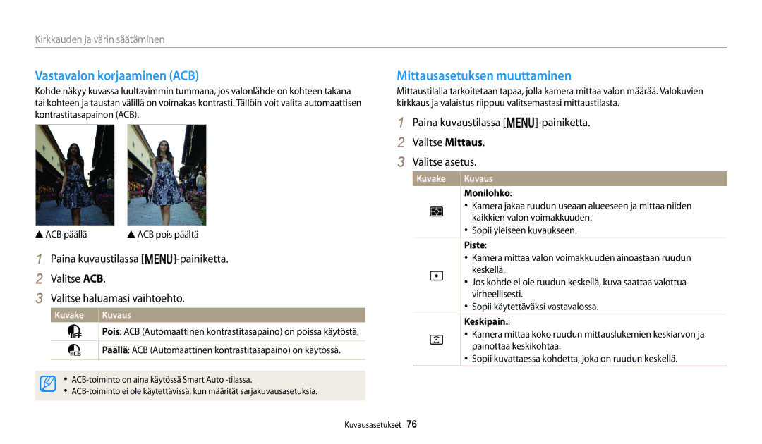 Samsung EC-DV150FBPBE2 manual Vastavalon korjaaminen ACB, Mittausasetuksen muuttaminen, Monilohko, Piste, Keskipain 