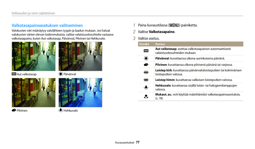 Samsung EC-DV150FBPPE2, EC-DV150FBPWE2, EC-DV150FBPBE2 manual Valkotasapainoasetuksen valitseminen, Valitse Valkotasapaino 